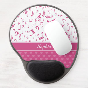 Custom Music Notes and Hearts Pattern Pink White Gel Mouse Pad