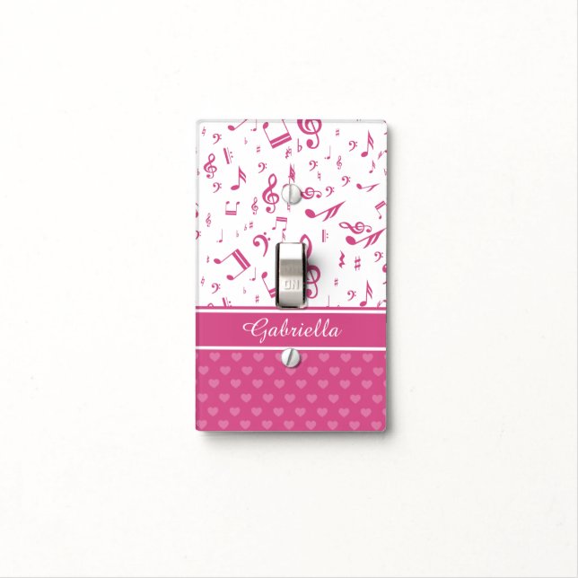 Custom Music Notes and Hearts Pattern Pink White Light Switch Cover (In Situ)