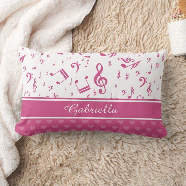 Custom Music Notes and Hearts Pattern Pink White Lumbar Pillow (Blanket)