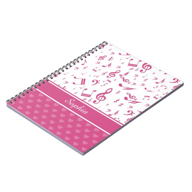 Custom Music Notes and Hearts Pattern Pink White Notebook (Left Side)