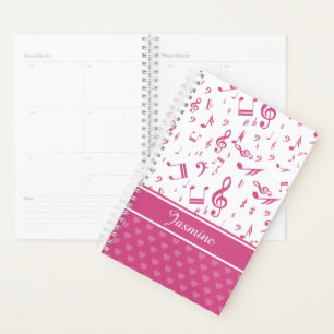Custom Music Notes and Hearts Pattern Pink White Planner