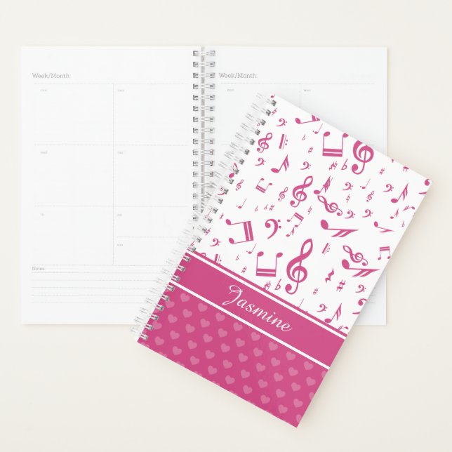 Custom Music Notes and Hearts Pattern Pink White Planner (Display)