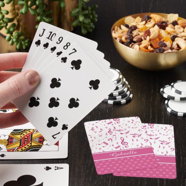Custom Music Notes and Hearts Pattern Pink White Poker Cards (In Situ)