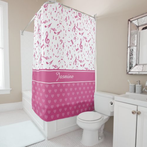 Custom Music Notes and Hearts Pattern Pink White Shower Curtain