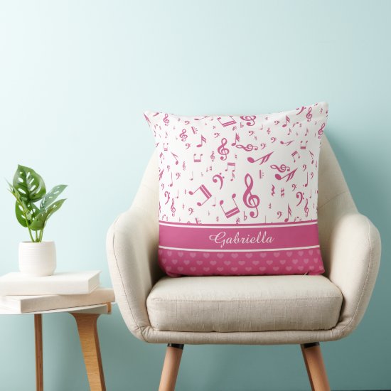 Custom Music Notes and Hearts Pattern Pink White Throw Pillow