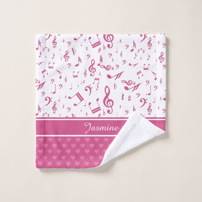Custom Music Notes and Hearts Pattern Pink White Wash Cloth (Wash Cloth)