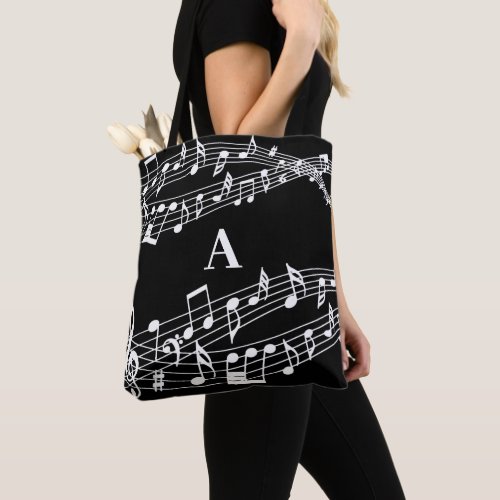 Custom Music Notes Monogram Black and White Tote Bag