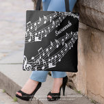 Custom Music Notes Name Black and White Tote Bag<br><div class="desc">Modern, stylish music notes in white on a sample color black background color you can change and personalized with a name or other text. CHANGES: Change the background color or the text font style, color, size and placement by clicking on CUSTOMIZE FURTHER for a custom look or simply delete the...</div>