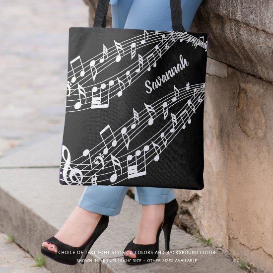 Custom Music Notes Name Black and White Tote Bag