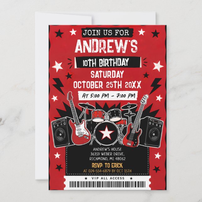 Custom Music Rock Star Birthday Invitation (Front)