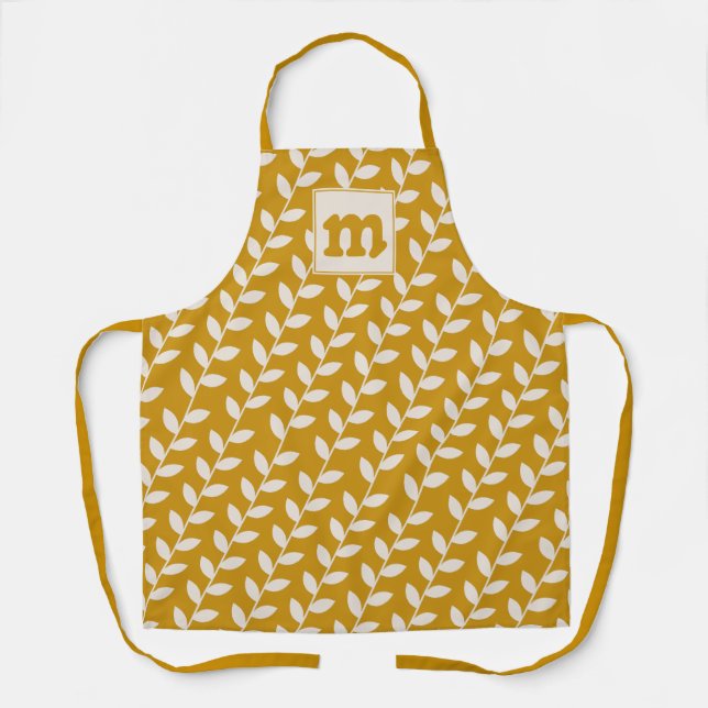 Custom Mustard 70s Retro Leaf Pattern Monogram Apron (Front)