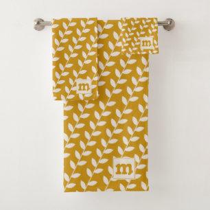 Custom Mustard 70s Retro Leaf Pattern Monogram Bath Towel Set
