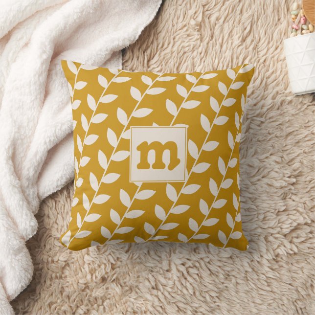 Custom Mustard Retro Leaf Pattern Monogram Throw Pillow (Blanket)