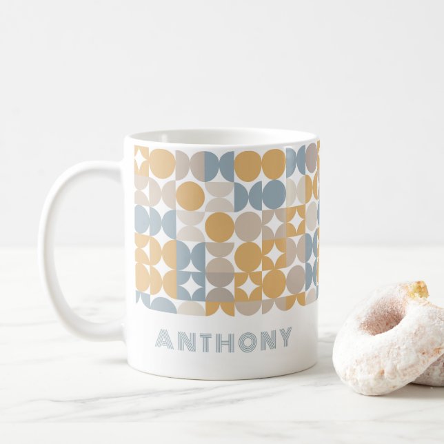 Custom Mustard Taupe Gray Blue Hip Art Pattern Coffee Mug (With Donut)