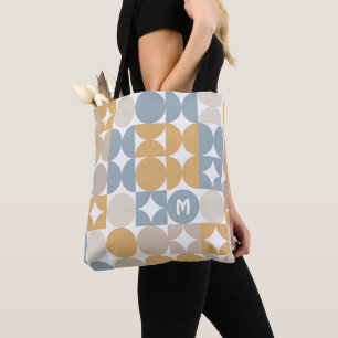 Custom Mustard Taupe Gray Blue Retro Art Pattern Tote Bag