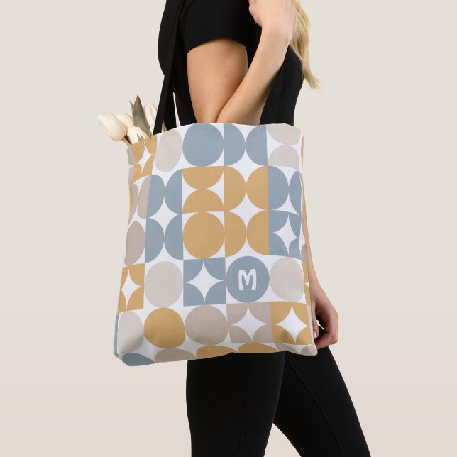 Custom Mustard Taupe Gray Blue Retro Art Pattern Tote Bag (Close Up)