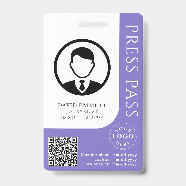 Custom Muted Purple Press Pass with Editable Deta Badge (Front)