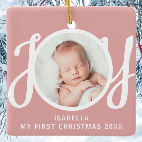 Custom My First Christmas Photo Pink Keepsake Ceramic Ornament