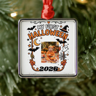 Custom My First Halloween 2026 Baby Photo Name T-S Metal Ornament