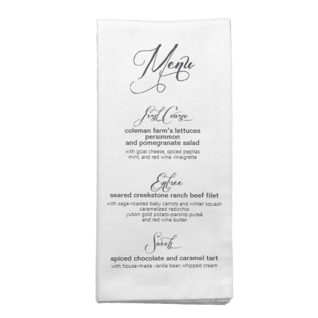 Custom MYO 3-Course Menu Template on Dinner Size Cloth Napkin (Folded)