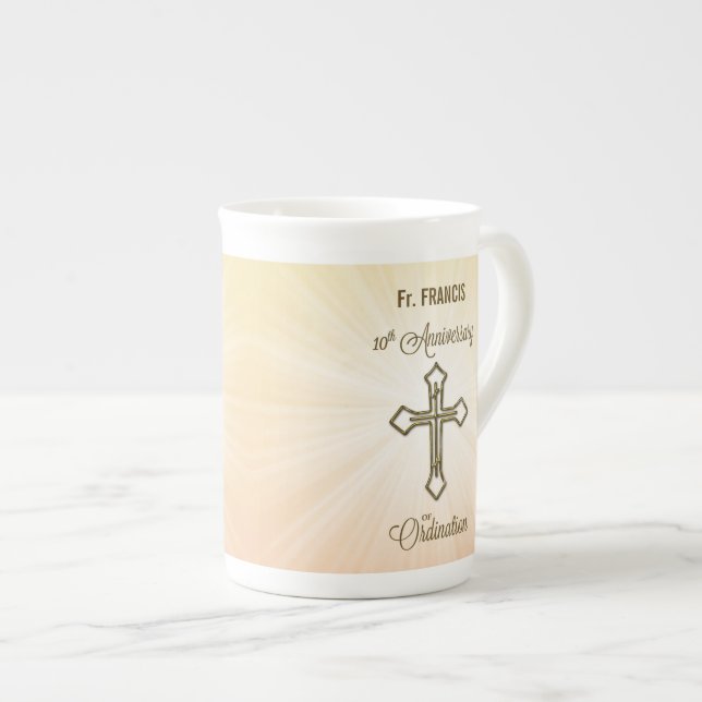 Custom Name, 10th Anniversary of Ordination Bone China Mug (Front Right)