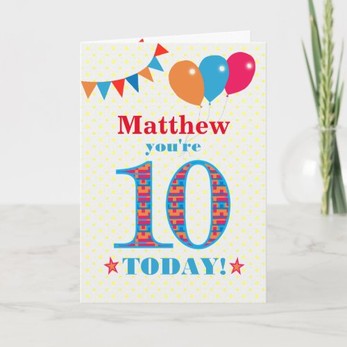 Custom Name 10th Birthday Bunting Balloons Card