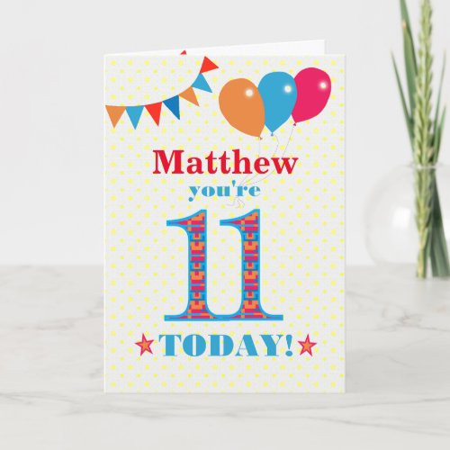 Custom Name 11th Birthday Bunting Balloons Card