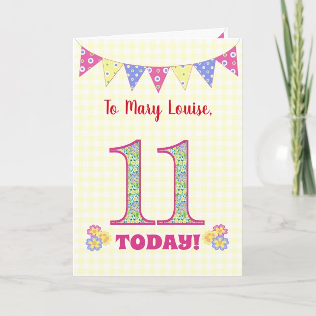 Custom Name 11th Birthday Primroses Bunting Card (Front)