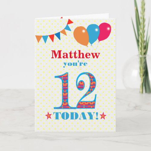 Custom Name 12th Birthday Bunting Balloons Card