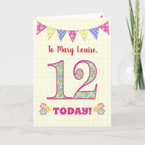 Custom Name 12th Birthday Primroses Bunting Card