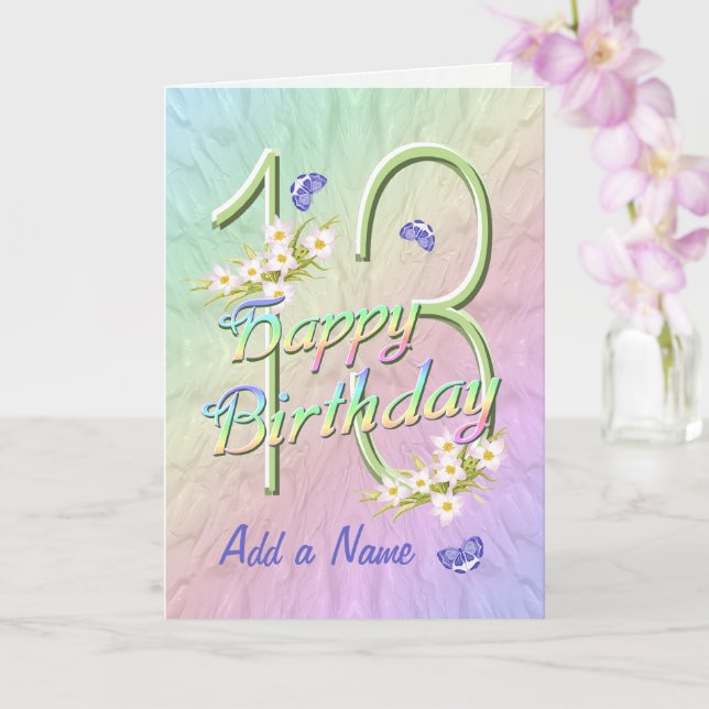 Custom Name 13th Birthday Butterfly Garden Card (Orchid)