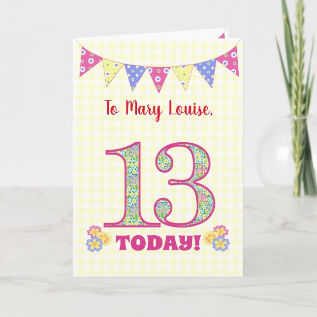 Custom Name 13th Birthday Primroses Bunting Card (Front)