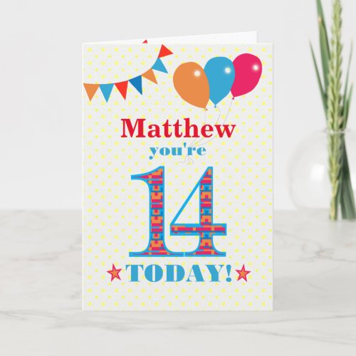 Custom Name 14th Birthday Bunting Balloons Card
