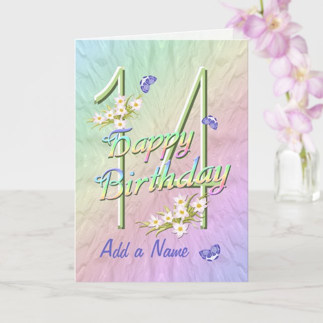 Custom Name 14th Birthday Butterfly Garden Card (Orchid)