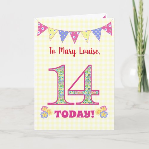 Custom Name 14th Birthday Primroses Bunting Card