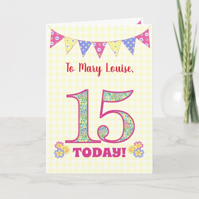 Custom Name 15th Birthday Primroses Bunting Card (Front)
