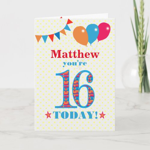 Custom Name 16th Birthday Bunting Balloons Card