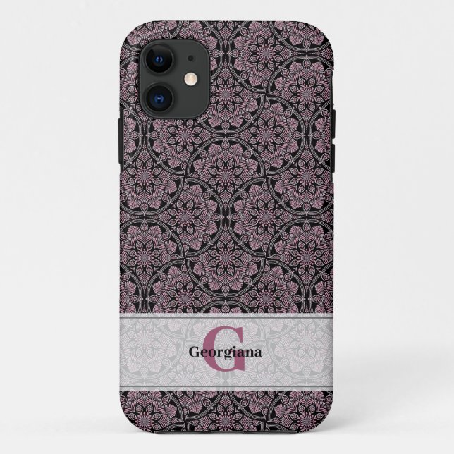 Custom Name 1920s Dusky Rose Floral Fronds Mandala Case-Mate iPhone Case (Back)
