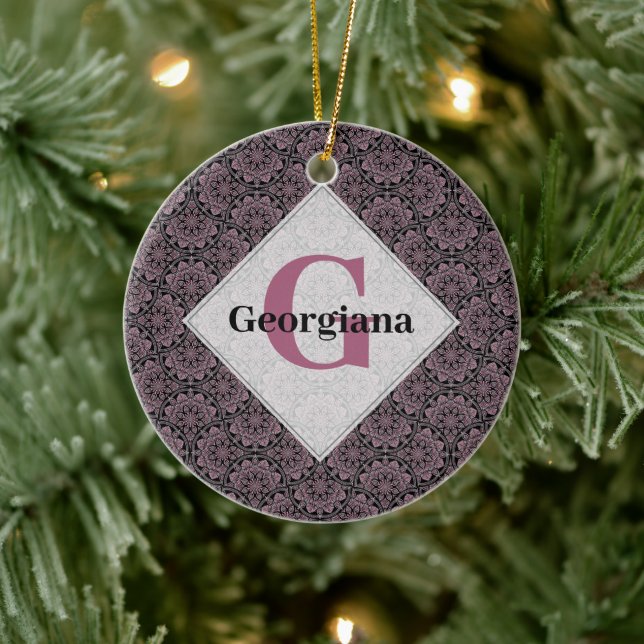 Custom Name 1920s Dusky Rose Floral Fronds Mandala Ceramic Ornament (Tree)