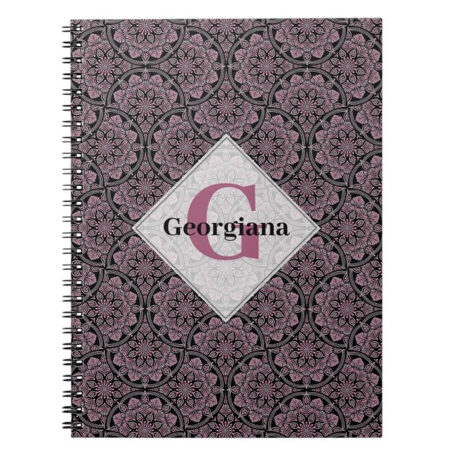Custom Name 1920s Dusky Rose Floral Fronds Mandala Notebook (Front)