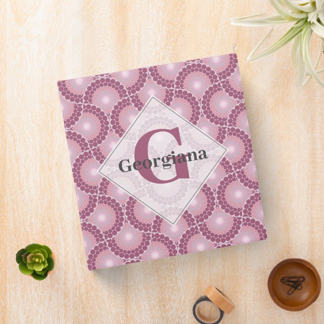 Custom Name 1920s Radiant Dusky Rose Dot Mandala 3 Ring Binder (In Situ)