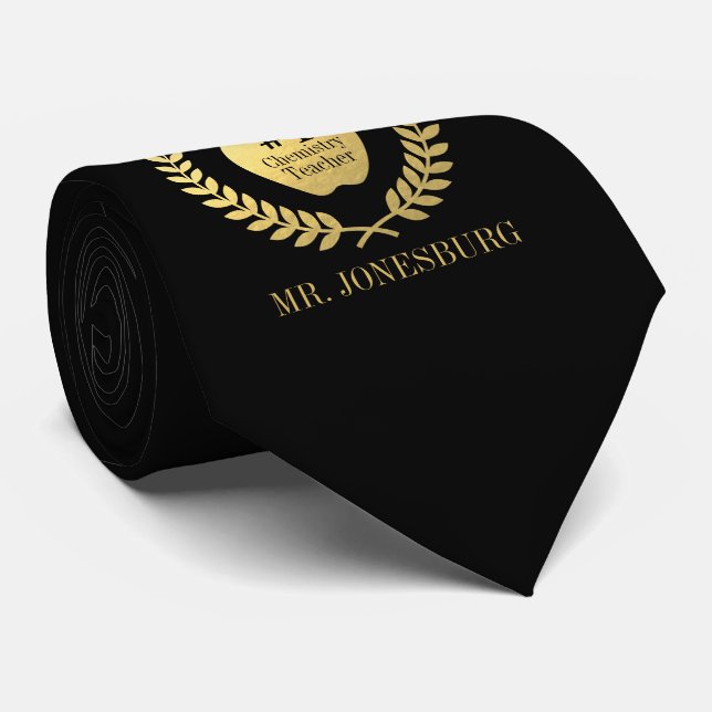 Custom Name #1 Teacher Black Faux Gold Neck Tie (Rolled)