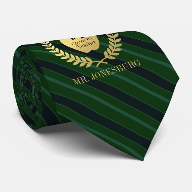 Custom Name #1 Teacher Faux Gold Green Striped Neck Tie (Rolled)