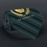 Custom Name #1 Teacher Faux Gold Slate Teal Neck Tie<br><div class="desc">A custom name tie featuring fake "printed" gold foil detailing the bottom of the necktie with a slate / teal striped background. Within this are spots for the teachers name,  subject,  and the fact that they are the number one teacher in the world.</div>