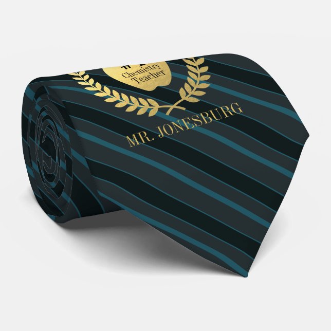 Custom Name #1 Teacher Faux Gold Slate Teal Neck Tie (Rolled)