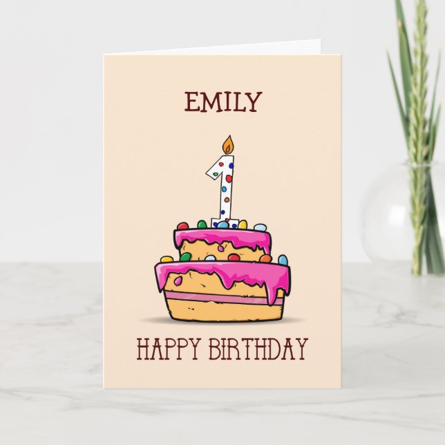 Custom Name, 1st Birthday, 1 on Sweet Pink Cake Card (Front)