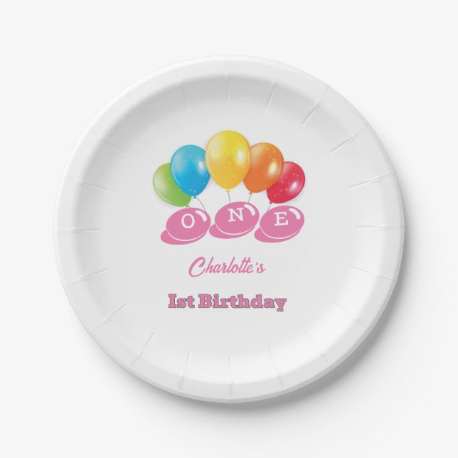Custom Name 1st Birthday Girl Paper Plates (Front)