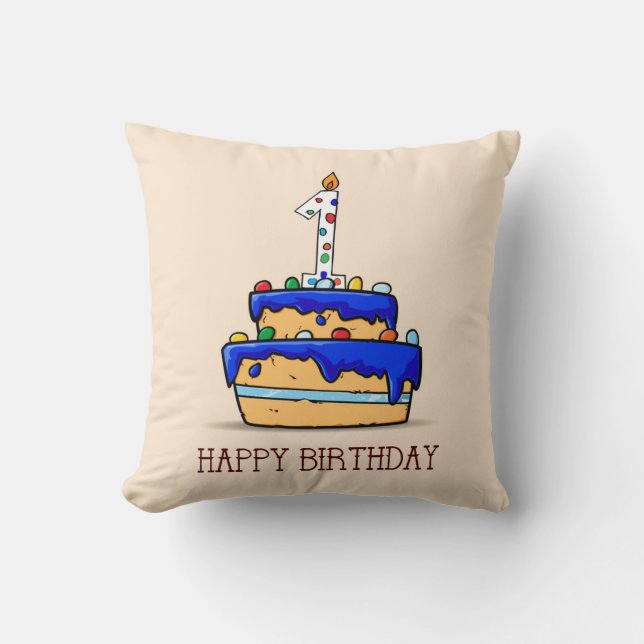 Custom Name, 1st Birthday, Sweet Blue Cake Throw Pillow (Front)
