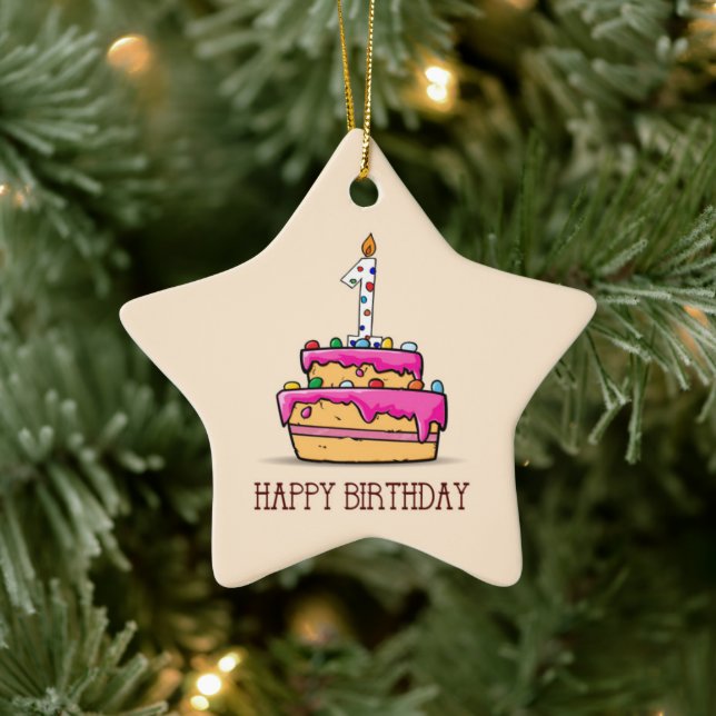 Custom Name, 1st Birthday, Sweet Pink Cake Ceramic Ornament (Tree)