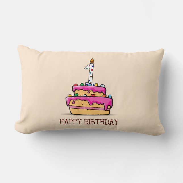 Custom Name, 1st Birthday, Sweet Pink Cake Lumbar Pillow (Front)